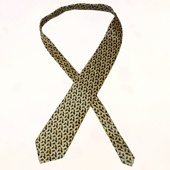 Sinsabang Pure Silk Tie Yellow Background Navy Blue Half-Moon Patterns - Picture 1 of 9